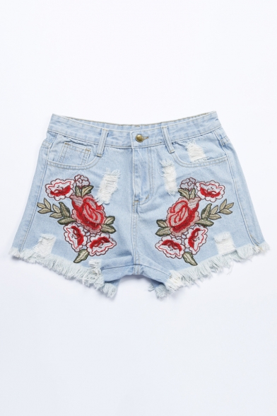 Floral Embroidered Raw Hem Ripped Light Wash Demin Shorts