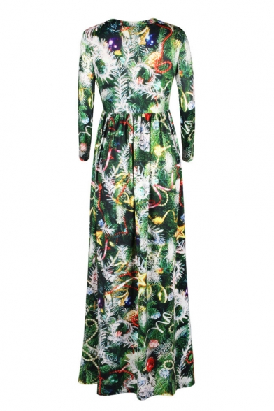 New Arrival Fashion Christmas Trees Pattern Round Neck Long Sleeve Maxi Dress