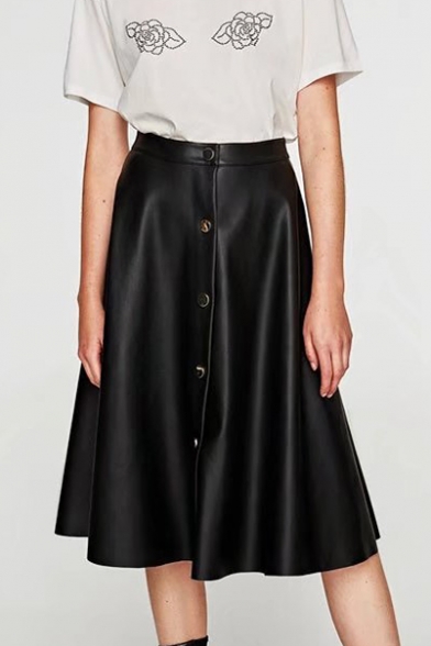 New Arrival High Waist Simple Plain Buttons Down Midi A-Line PU Skirt