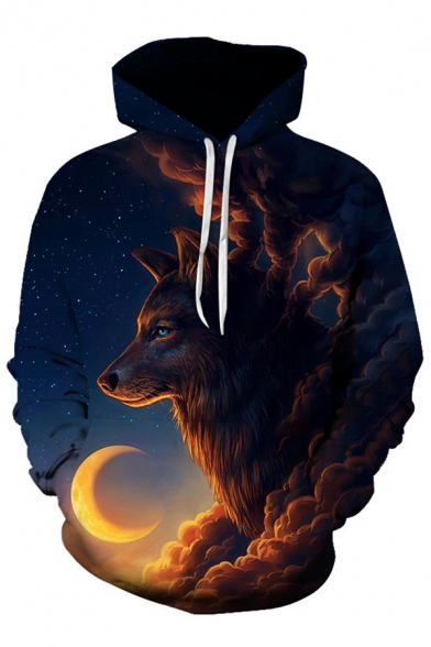 New Collection 3D Moon Wolf Pattern Loose Long Sleeve Hoodie with Pockets