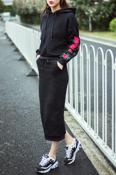 New Trendy Chic Floral Embroidered Hoodie with Midi Pencil Skirt