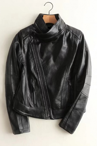New Trendy Stand-Up Collar Simple Plain Long Sleeve Side Zip Up PU Biker Jacket