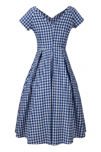 New Trendy Vintage Plaids Pattern V Neck Short Sleeve Midi Flared Dress