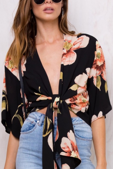Sexy Plunge Neck Short Sleeve Chic Floral Pattern Bow Tied Cropped Top