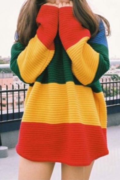 Street Style Fashion Color Block Loose Oversize Mock Neck Long Sleeve Sweater