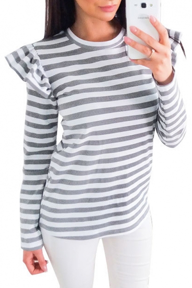Basic Simple Color Block Striped Print Long Sleeve Round Neck Tee