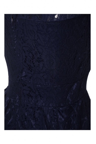 Basic Simple Plain Chic Lace Inserted Round Neck Short Sleeve Midi Flared Dress