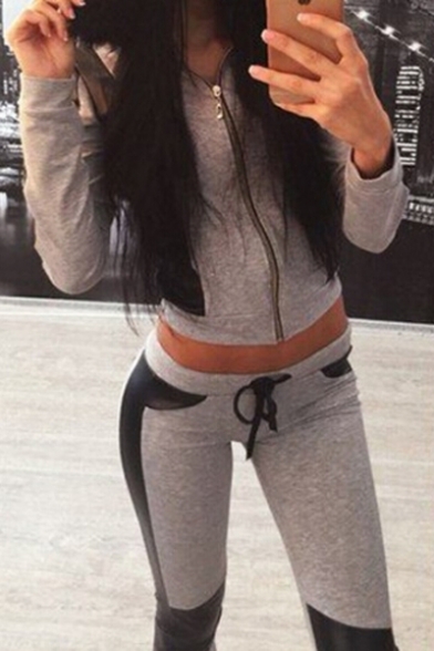 Casual Leisure Sports Color Block Fur Hooded Zip Up Cropped Coat with Skinny Pants