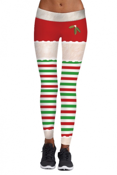 Christmas Theme Fashion Striped Printed Elastic Waist Skinny Leggings