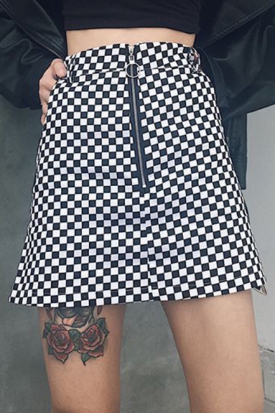 Fashion Black White Plaids Pattern Zip Up Street Style Mini A-Line Skirt