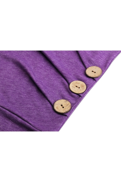 Fashion Buttons Embellished Side Long Sleeve Round Neck Plain T-Shirt