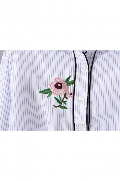 Fashion Floral Embroidered Striped Print Lapel Collar Long Sleeve Buttons Down Shirt