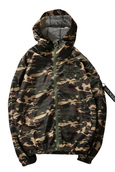 Fashion Hip Hop Style Camouflage Pattern Hooded Long Sleeve Zip Up Sun-Proof Coat