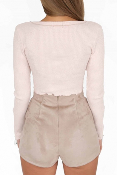 Fashion Zip Embellished Long Sleeve Round Neck Simple Plain Slim Cropped Sweater