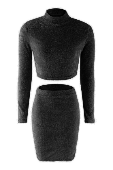 High Neck Long Sleeve Simple Plain Cropped Sweater with Midi Knit Pencil Skirt