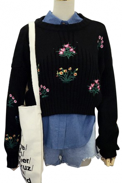 Lantern Long Sleeve Round Neck Chic Floral Embroidered Pullover Sweater