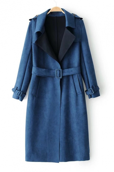 New Arrival Fashion Notched Lapel Collar Long Sleeve Plain Suede Trench Coat