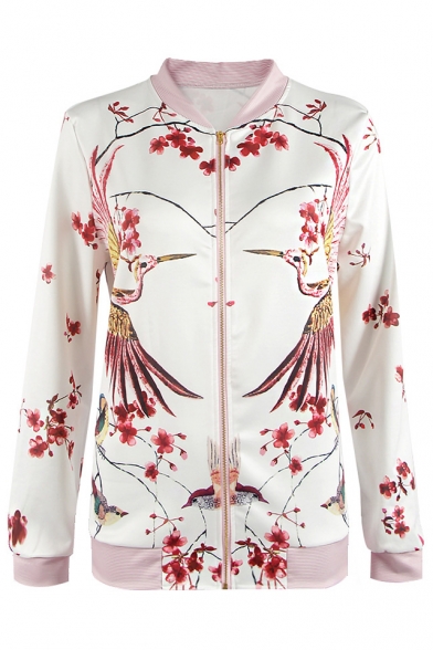 New Collection Chic Floral Crane Pattern Stand-Up Collar Zip Up Jacket