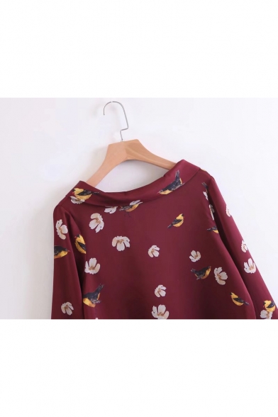 New Trendy Fashion Floral Bird Pattern Boat Neck Long Sleeve Pullover Blouse