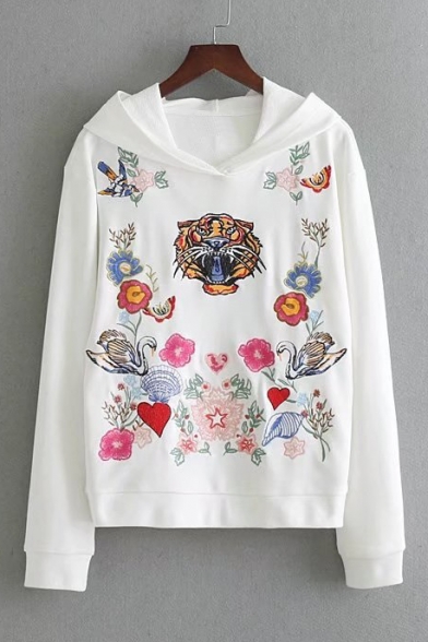 Tiger Head and Floral Embroidered Long Sleeve Hoodie