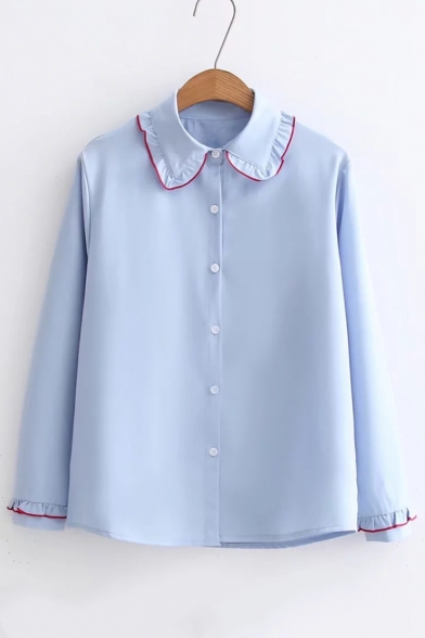 Basic Simple Color Block Lapel Collar Long Sleeve Buttons Down Shirt