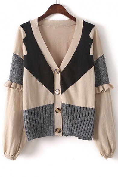 Color Block V Neck Long Sleeve Cardigan with Sleeveless Plain Midi Knit Dress