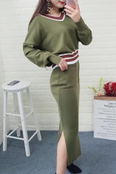 Fashion Color Block Striped Printed Round Neck Long Sleeve Sweater with Maxi Skirt