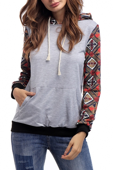 Hot Fashion Color Block Plaids Pattern Long Sleeve Casual Leisure Hoodie