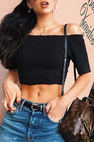 Hot Fashion Lace-Up Hollow Out Off The Shoulder Short Sleeve Plain Cropped T-Shirt