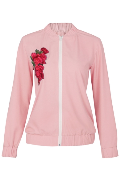 Hot Popular Chic Floral Embroidered Long Sleeve Zip Up Coat