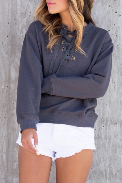 Hot Popular Fashion Lace-Up Long Sleeve Round Neck Plain Sweatshirt