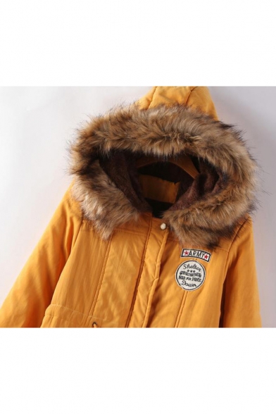 Letter Print Badge Fur Hooded Long Sleeve Winter's Warm Zip Up Padded Coat