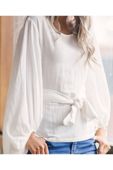 New Arrival Chic Tied Waist Round Neck Lantern Sleeve Plain Pullover Blouse
