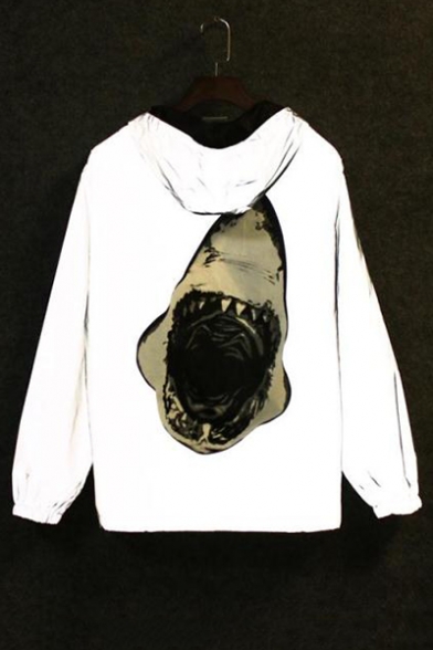 New Collection Fashion Reflect Light Letter Shark Printed Hooded Zip Up Parka Coat
