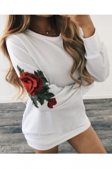 New Trendy Chic Floral Embroidered Long Sleeve Round Neck Tunic Sweatshirt