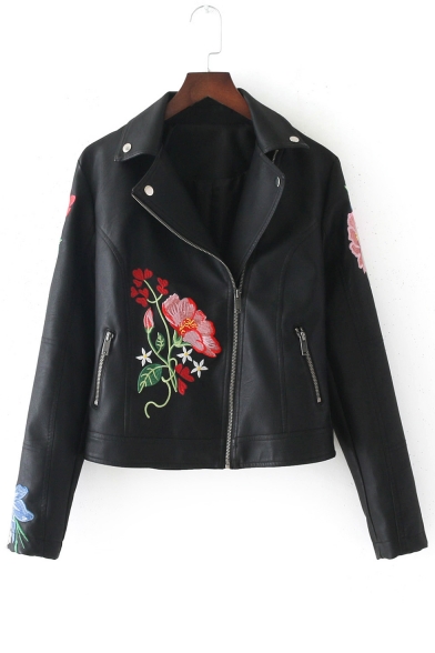 Notched Lapel Collar Long Sleeve Chic Floral Embroidered PU Biker Jacket