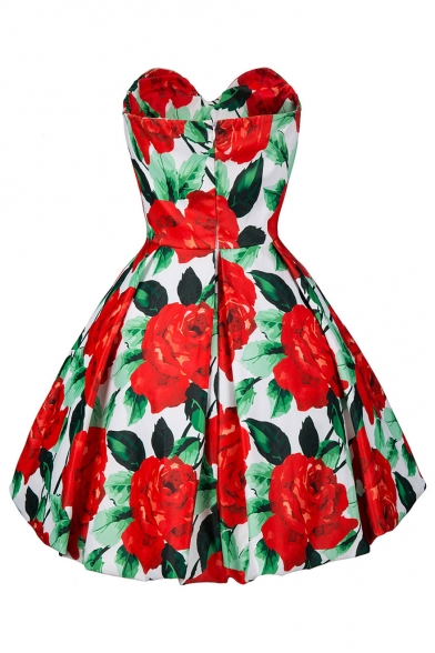 Summer's Vintage Floral Pattern Bandeau Elegant Mini A-Line Dress