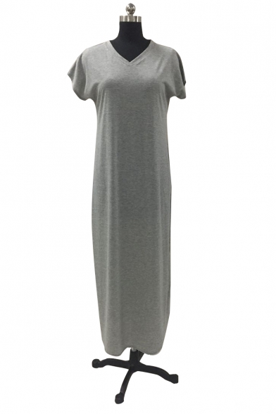 Casual Short Sleeve V Neck Split Sides Plain Maxi Dress with Pockets