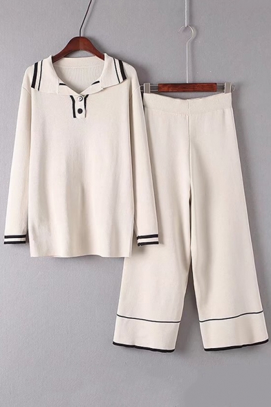 Chic Color Block Lapel Collar Long Sleeve Sweater with Loose Knit Pants