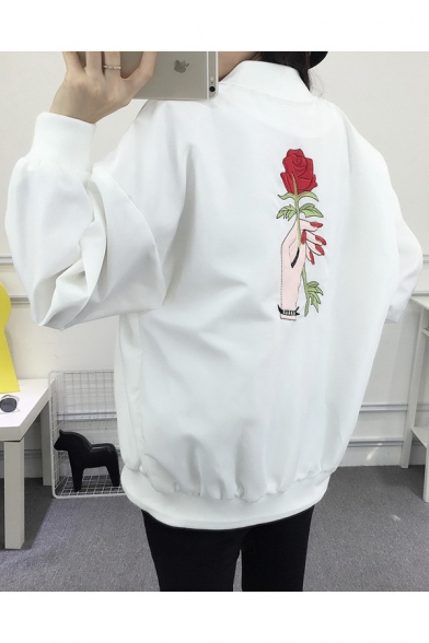 Chic Floral Embroidered Back Long Sleeve Stand-Up Collar Zip Up Unisex Jacket