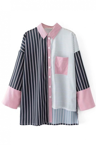 Color Block Striped Printed Long Sleeve Lapel Collar Shirt with One Pocket