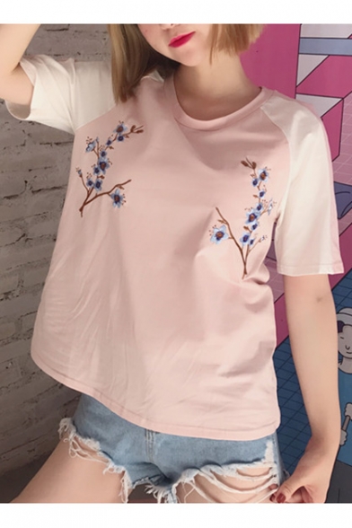 Floral Embroidered Casual Short Sleeve Round Neck Color Block Tee