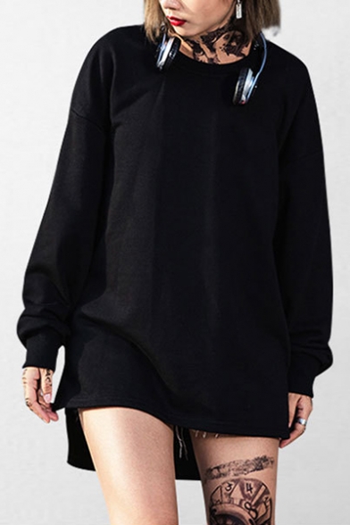 Hip Hop Street Style Round Neck Long Sleeve Dipped Hem Loose Pullover Sweatshirt