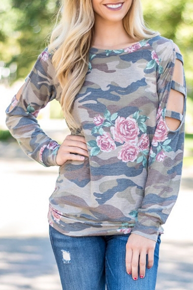 Hollow Out Long Sleeve Round Neck Camouflage Floral Printed Pullover Sweatshirt