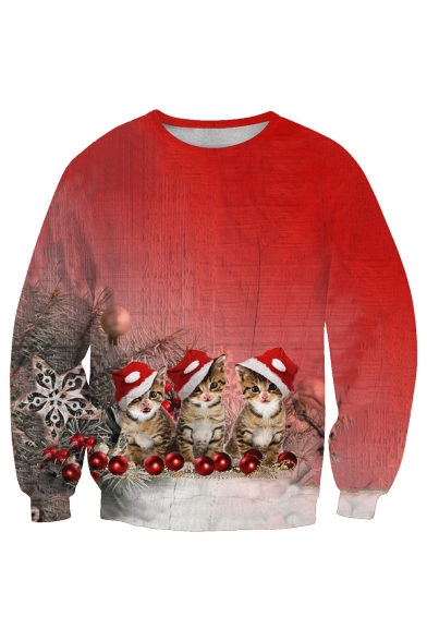 New Collection Lovely Christmas Cat Printed Long Sleeve Round Neck Sports Sweatshirt