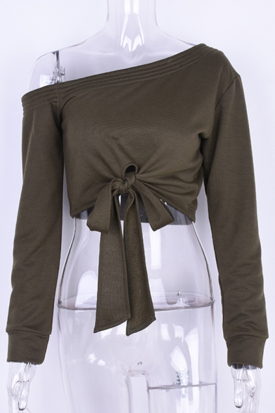 New Collection Sexy Off The Shoulder Long Sleeve Plain Cropped Blouse