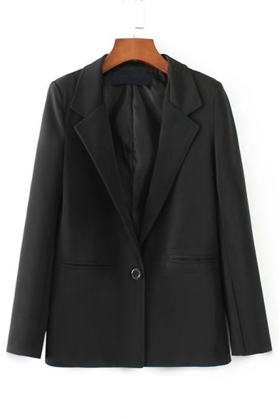 Notched Lapel Collar Long Sleeve Simple Plain Blazer Coat with Single Button