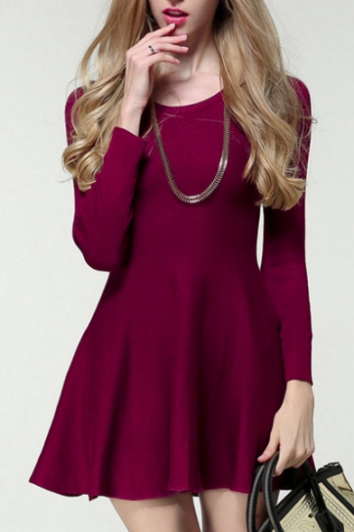 Simple Plain Long Sleeve Round Neck Mini A-Line Knit Dress