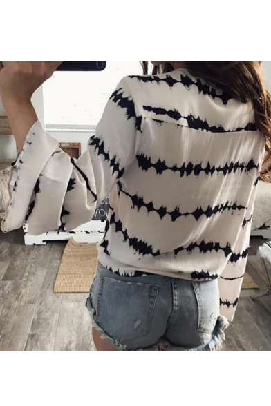 Summer's New Fashion Sexy Plunge Neck Long Sleeve Color Block Blouse