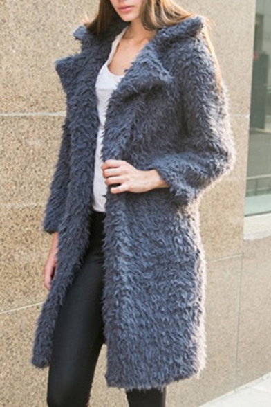 Winter's Hot Fashion Basic Plain Notched Lapel Collar Long Sleeve Fur Coat